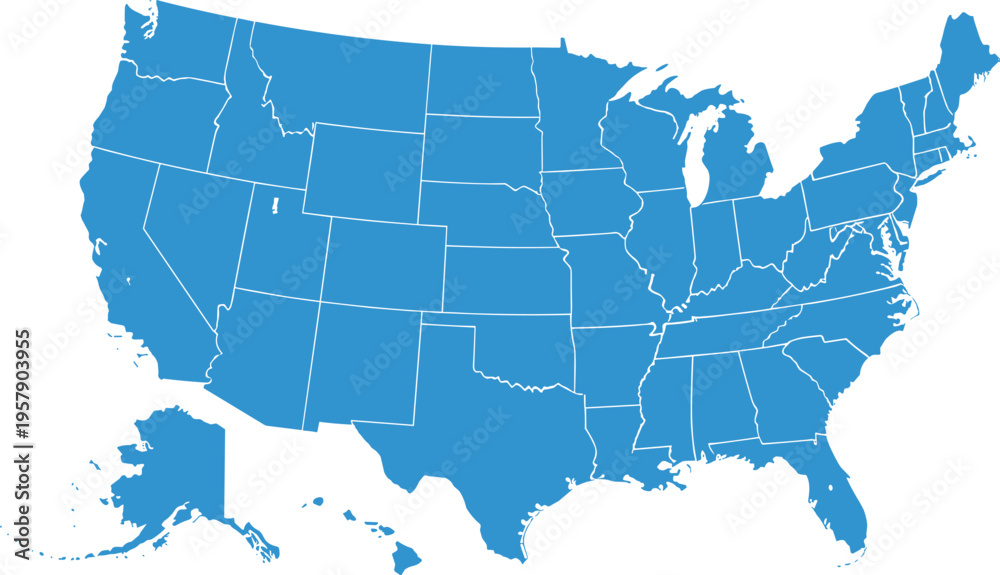Fototapeta premium Vector map of United States of America with all fifty state borders in blue color for geography education and travel