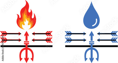 Opposing forces illustration depicting fire and water elements with directional arrows