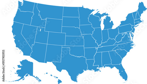 Vector map of United States of America with all fifty state borders in blue color for geography education and travel