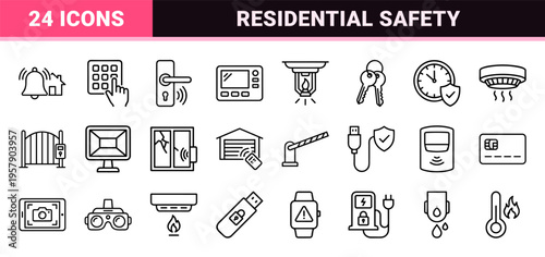 Smart Home Security System Monoline Icons Featuring Property Protection Surveillance and Automated Safety Monitoring Symbols in Geometric Outline