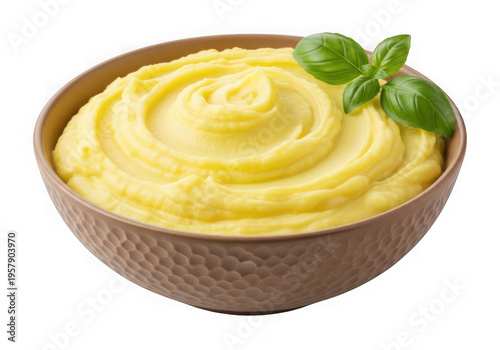 Creamy mashed potatoes in a textured bowl isolated on a transparent background food