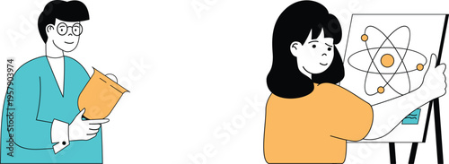 A scientist explaining an atomic structure to a student during a lesson