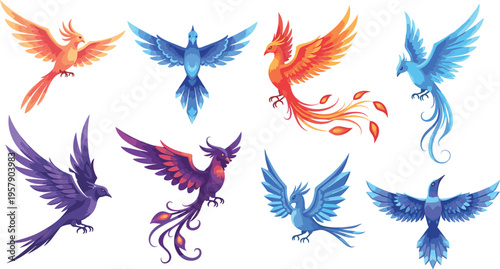 Fantasy phoenix birds collection with colorful fire wings mythical creatures cartoon vector illustration set