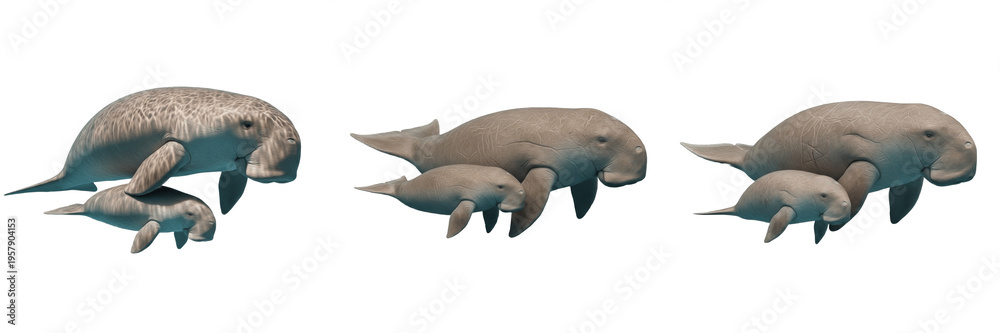 Fototapeta premium Dugong Mother and Calf Swimming, Marine Mammal Family Illustration Isolated on White, Sea Cow Wildlife Graphic for Education, Dugon Dugon Species Underwater Animals Clipart Design