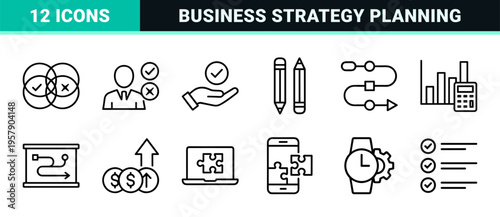Business Management and Corporate Strategy Workflow Minimalist Monoline Outline Icon Set for Professional Digital Enterprise Systems
