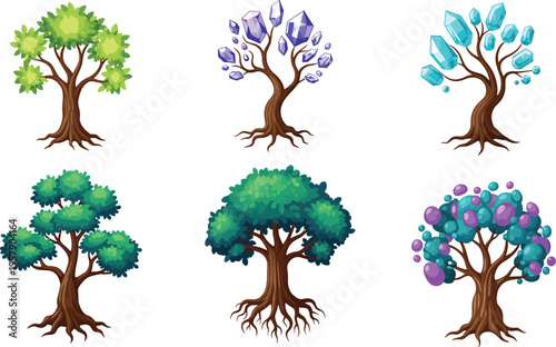 Fantasy trees collection with crystal leaves magic fruit nature elements cartoon vector illustration set