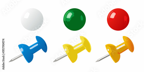 Colorful push pins and oval shapes arranged on a white background