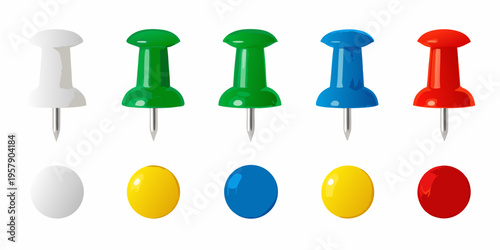 Colorful push pins and thumbtacks arranged in a neat row