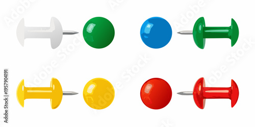 Colorful push pins arranged in two rows on a white background