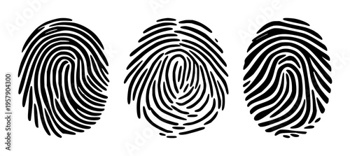 Fingerprint set with a thick, smooth black line design forming a perfect circle on pure white background featuring fingerprint, black, circular with clinical and forensic
