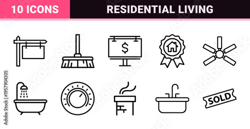 Minimalist monoline residential property and real estate outline symbols for professional architectural planning and commercial housing apps.
