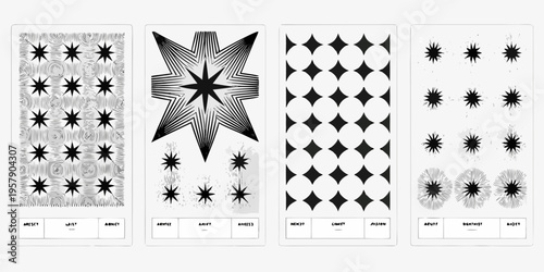 Four black and white abstract starburst patterned rectangular panels