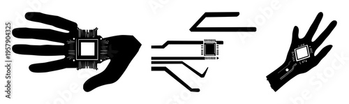 Bio-hacking microchip implant set with solid black silhouette and precise technical edges featuring transhumanism, biotech, futuristic design with human anatomy and cybernetic enhancement