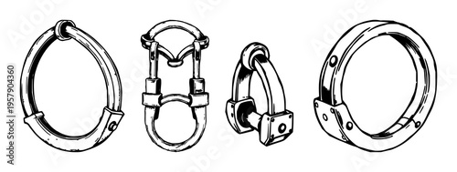 Shackles set with vintage ink illustration of heavy iron chains isolated on a white background, evoking a dungeon aesthetic featuring iron, dungeon 