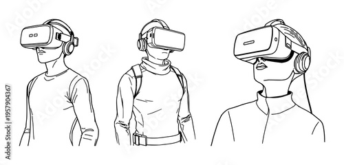 VR bodysuit set with continuous line drawing featuring continuous line, immersive gaming, black outline with VR and isolated