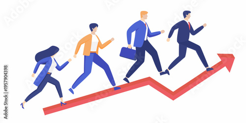 Business people running upwards on a red arrow representing growth