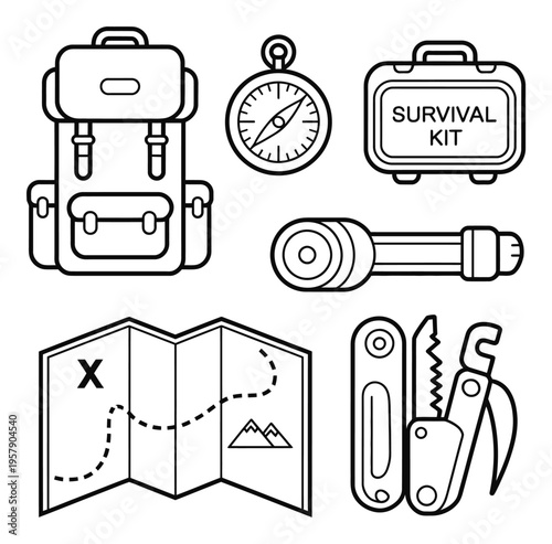 Survival Kit Vector Illustration with Outdoor Gear