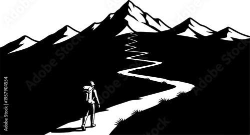 Vector illustration of man hiking on winding mountain path
