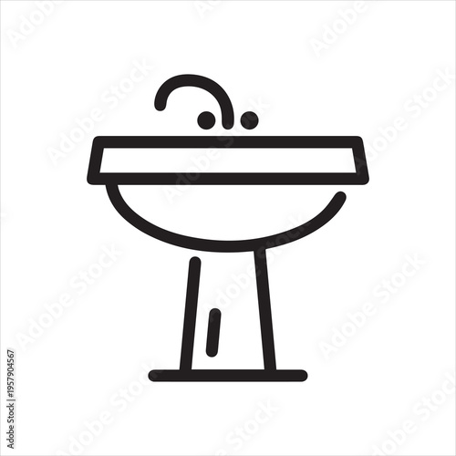 Thin Outline Icon Sink Unit With Tap Washbasin, Basin Washstand. Such Line Sign as Plumbing Sanitary Engineering. Vector Isolated Custom Pictogram for Web and App on White Background Editable Stroke.