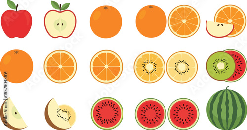 Fresh fruit slices set with apple orange kiwi watermelon melon healthy food flat vector illustration collection