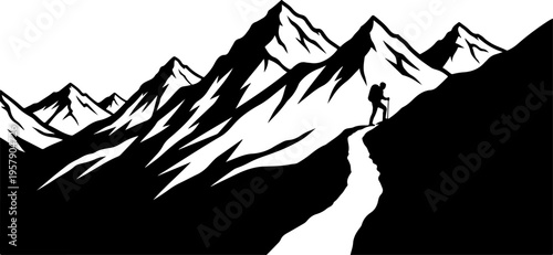 Vector mountain landscape silhouette with hiker