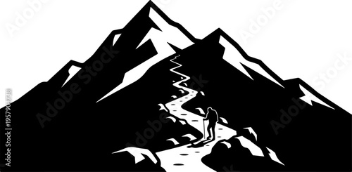 Vector mountain landscape silhouette with hiking trail