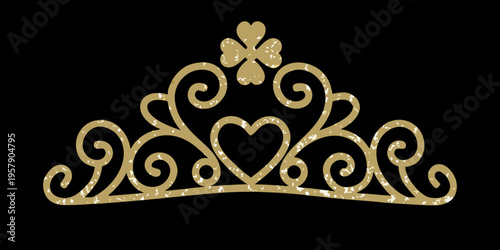 Elegant golden tiara with floral and heart shaped design on black