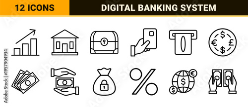 Professional banking and financial services Minimalist monoline geometric line art for corporate fintech and digital investment apps.