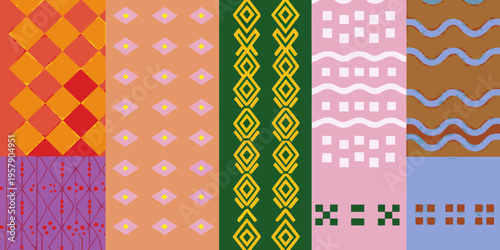 A colorful collection of geometric patterned fabric swatches displayed vertically