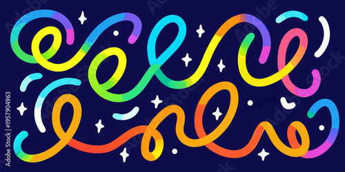 Colorful abstract swirls and curves against a dark blue background