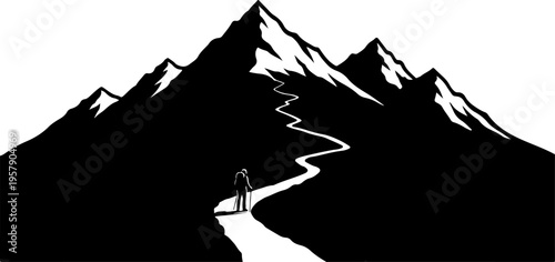 Vector silhouette of hiker on mountain trail