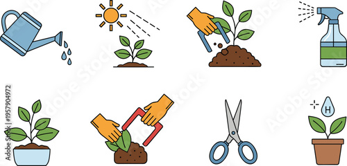Gardening tools and plant care icons set with watering pruning planting flat vector illustration collection