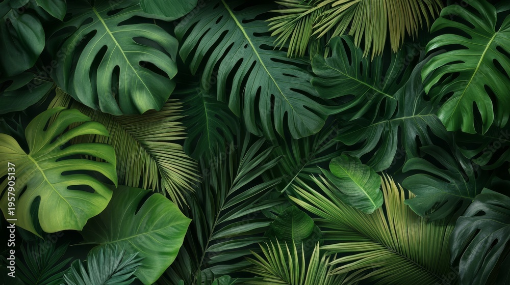 Fototapeta premium 11.Dense arrangement of layered tropical foliage with overlapping monstera, palm and banana leaves, deep greens with soft gradients, subtle highlights creating lush depth, seamless nature background