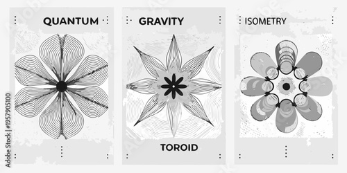 Abstract floral designs with scientific terms quantum gravity isometry
