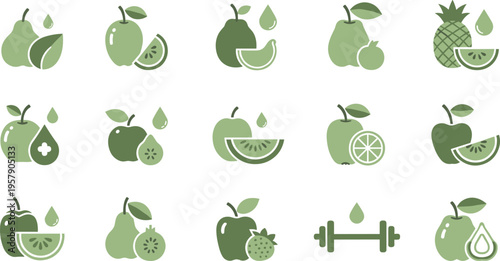 Green fruit icons set with apple pear watermelon pineapple healthy organic food minimal vector illustration collection