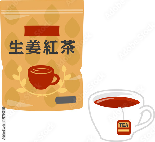生姜紅茶の袋とティーカップに入ったお茶とティーバッグ