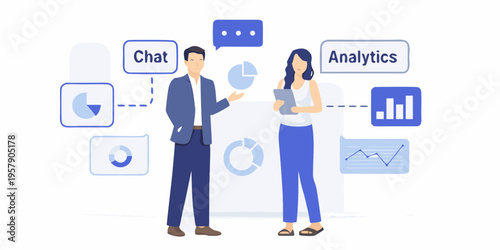 Team discusses data analytics and communication strategies with digital interface icons