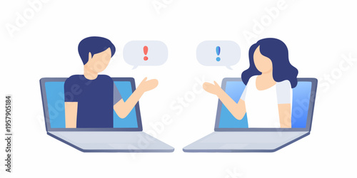 Two people communicating remotely via laptops with speech bubbles