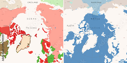 Vintage map illustration displaying geographical regions and ocean areas