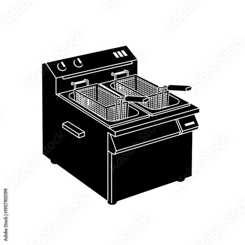 Commercial Deep Fryer Silhouette: Dual Basket Floor Model Kitchen Equipment, Professional Restaurant Food Preparation Vector Icon.