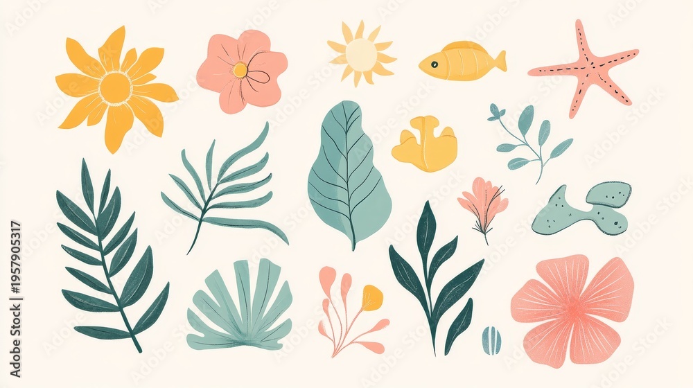 Obraz premium 18.Retro summer elements illustrated in simple boho style: blooming floral icons, sun symbols, sea curves and minimalist beach accents, soft grain texture, soothing pastel tones for nostalgic holiday
