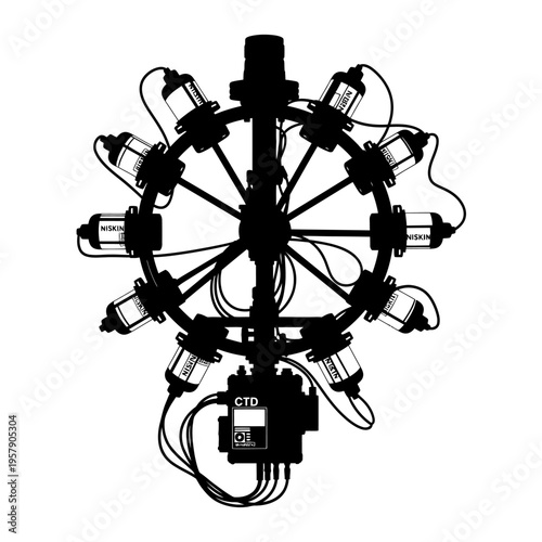 CTD Rosette Silhouette: Oceanographic Water Sampling Frame, Deep Sea Research and Marine Science Equipment Vector Icon.