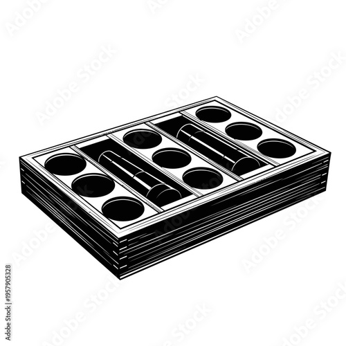 Core Sample Box Silhouette: Wooden Tray with Rock Cylinders for Geology, Mining and Exploration Research Equipment Icon.