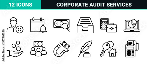 Accounting and Financial Auditing Monoline Icon Set featuring Minimalist Geometric Line Art for Corporate Banking and Business Analysis.