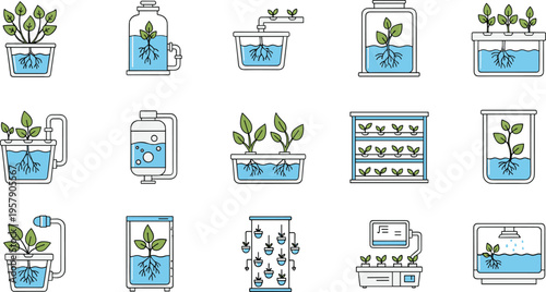 Hydroponic farming system set with plant growth water cultivation smart agriculture cartoon vector illustration collection