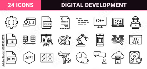 Software Engineering and Cloud Computing Line Art Symbols featuring Devops Infrastructure and Artificial Intelligence Programming Outlines