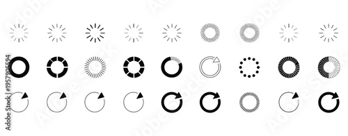 collection of loading and buffering vectors, circular progress icons, spinning wait symbols, website preloader graphics, animated interface elements, user experience design icons, web page loading