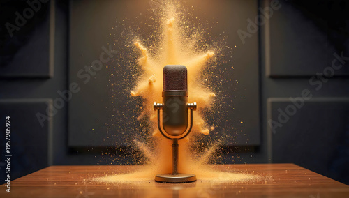 Microphone with golden powder burst on wooden table and dark background  