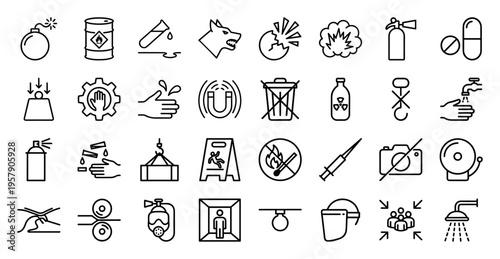 Industrial Safety and Hazard Warning Signage Line Art Featuring Biohazard Radiation Electrical and Chemical Risk Management Outline Symbols