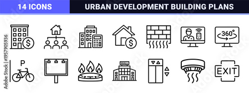 Minimalist Geometric Real Estate Outline Icons Featuring Residential Property Management and Commercial Building Development Symbols.